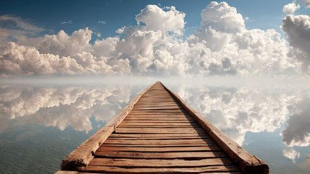 A wooden pier stretches towards the horizon, reflected in calm water under a sky filled with fluffy white clouds. The warm tones of the wood contrast with the cool blues and whites of the sky and water. The composition focuses on a central perspective, suitable for concepts related to travel and tranquility.の素材