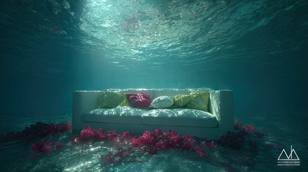 An underwater scene features a white sofa adorned with colorful cushions and surrounded by aquatic plants. The composition showcases an ethereal ambiance with natural sunlight filtering through the water. This striking visual presents a unique concept, potentially suitable for advertising, creative projects, and editorial illustrations.の素材