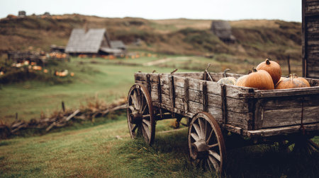 An aged wooden wagon laden with pumpkins sits on a grassy field. The scene features warm tones, likely captured during daylight hours. The composition includes a blurred background suggesting a rural setting with possible structures. This image could be suitable for fall-themed promotional material or editorial content.の素材