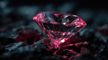 A close-up captures a radiant pink gemstone resting on a textured, dark surface. The lighting emphasizes the gem's facets and color. The background is blurred, enhancing the subject's prominence. This image is suitable for promotional materials, website visuals, or editorial content.の素材