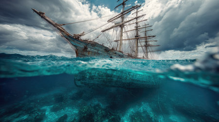 An impressive sailing vessel dominates the frame, viewed partially from an underwater angle, creating a unique visual experience. The scene features a dynamic interplay of textures with the ship's masts and rigging against a cloudy sky. This image evokes feelings of adventure and could serve a variety of commercial or editorial purposes.の素材