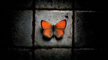 An orange butterfly is centrally positioned on a square, textured surface. The image exhibits a high-contrast style with dark shadows and a focus on detail. The wings of the butterfly display intricate patterns. This image could be used for various commercial projects related to nature or design.の素材