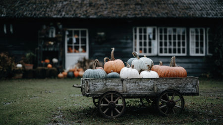 A wooden cart holds an assortment of pumpkins of various colors and sizes. The scene takes place outdoors in front of a dark, aged building with several windows. The pumpkins are the focus, suggesting a seasonal theme, with potential use for decorative purposes or festive projects. The lighting is soft and diffused.の素材