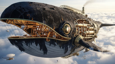 3D Illustration of a Spaceship in the sky with cloudsの素材