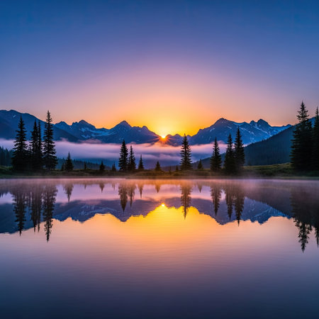 Mountain lake at sunrise in Banff National Park, Alberta, Canadaの素材