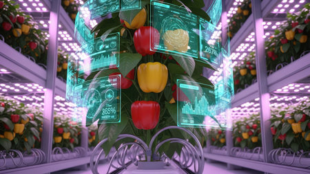 3D rendering of a virtual screen over a shopping cart full of vegetablesの素材
