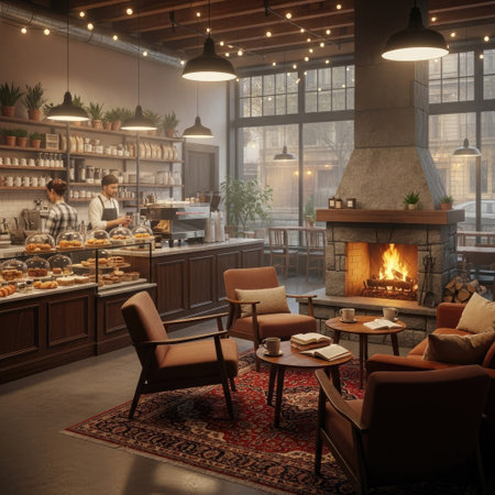 3d rendering of a cafe interior design with a fireplace in the backgroundの素材