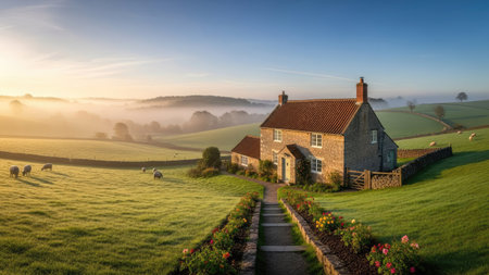 Panoramic view of a country house on a misty morningの素材