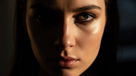 Close-up portrait of a beautiful brunette woman with dark makeup.の素材