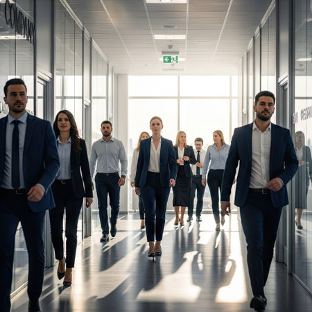 Group of business people walking together in corridor of modern office building.の素材