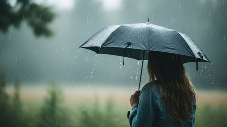 Young woman with an umbrella in the rain on a rainy day.の素材