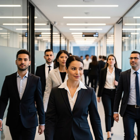 Group of business people walking in the hallway of a modern office buildingの素材