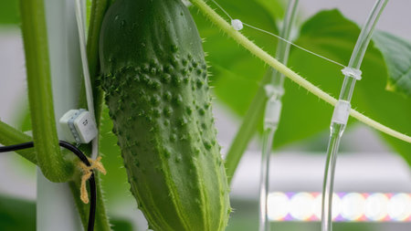 Cucumber growing in a greenhouse. Cultivation of cucumbers.の素材