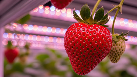Strawberry in the garden with defocused lights in the backgroundの素材