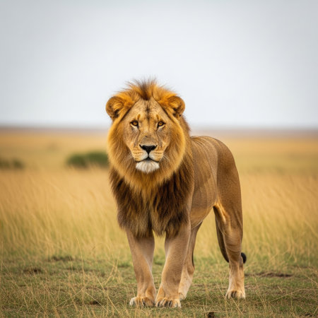 Male lion standing in the savannah in Serengeti National Park, Tanzaniaの素材