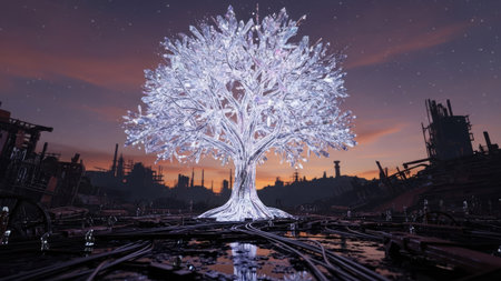 Frozen tree in the city at night. 3D rendering.の素材