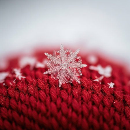 Snowflake on a red knitted background. Shallow depth of field.の素材