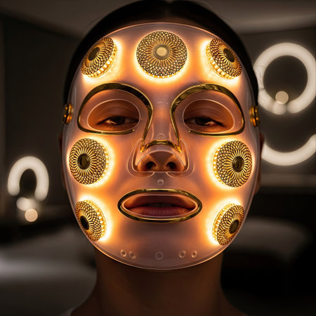 Portrait of a female robot with a glowing face mask. 3d renderingの素材