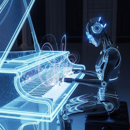 3d rendering robot playing piano in dark room with double exposure of digital hologramの素材