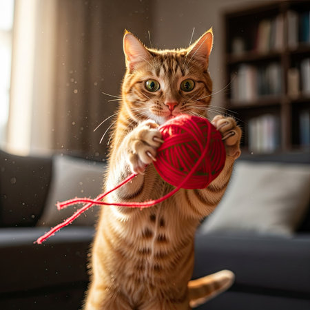 Cute ginger cat playing with a ball of yarn at home.の素材