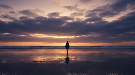 Silhouette of a man walking on the beach at sunset.の素材