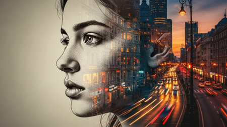 Double exposure portrait of a beautiful young woman with cityscape in the backgroundの素材