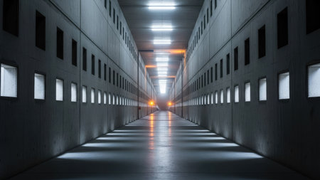 3d rendering of a long corridor in an industrial building with glowing lightsの素材