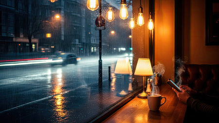 Cup of coffee and cigarette on the street in the rain.の素材