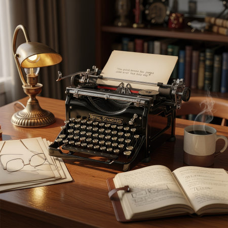Vintage typewriter on a wooden table with books and a cup of coffeeの素材