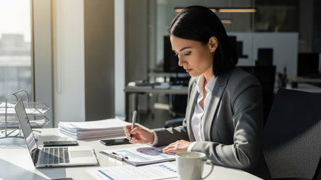young businesswoman working with documents at office desk and looking at laptopの素材