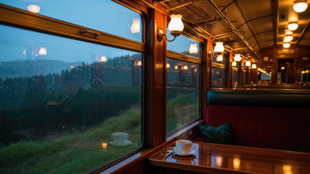 Coffee cup on a wooden table in the train interior at nightの素材