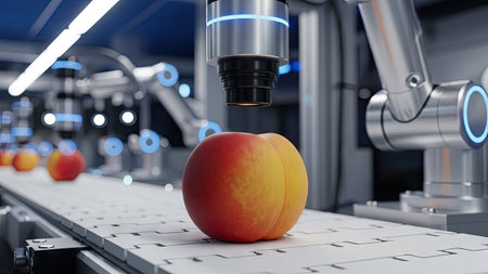 3d rendering of a microscope and a peach on a conveyor beltの素材