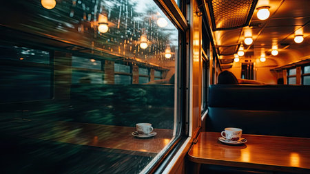 Coffee cup and saucer on a table in a cafeの素材