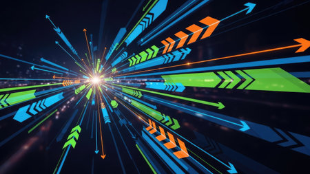 Abstract background image with blue and green arrows pointing to the center.の素材