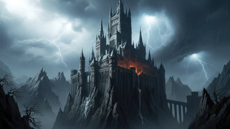 Castle in the storm. 3D illustration. Fantasy world.の素材