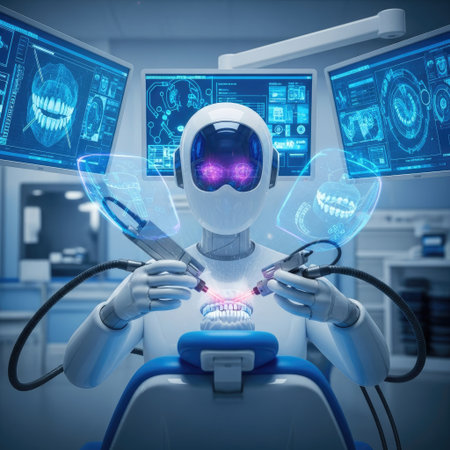 3d rendering humanoid robot with x-ray machine on blue backgroundの素材