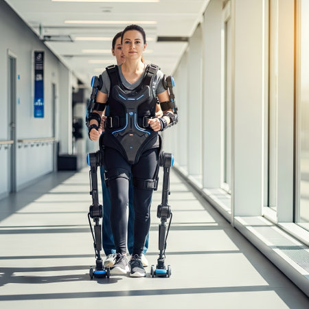 Full length portrait of a young woman with prosthetic legs standing in the corridor of a hospitalの素材