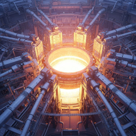 3D rendering of the interior of a futuristic power plant at nightの素材