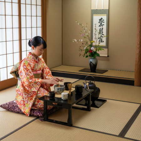 Japanese woman in kimono sitting in front of japanese roomの素材