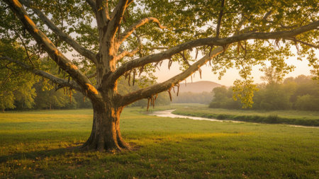 Old oak tree in the meadow at sunrise. Summer landscape.の素材