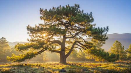 Beautiful pine tree in the morning light on a foggy morningの素材