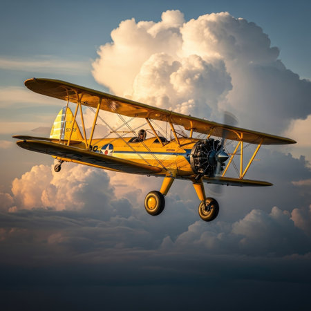 Vintage biplane flying in the sky. 3D render.の素材