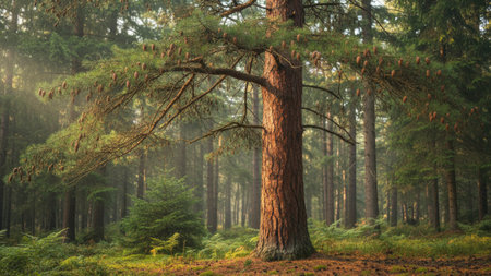 Pine tree with cones in a foggy morning in the forestの素材