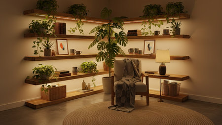 3D render of a modern living room interior design with plants.の素材