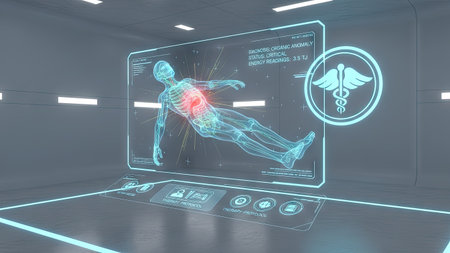 Digital x-ray hologram showing human body and medical symbol in empty room 3D renderingの素材