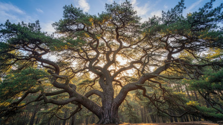 Pine tree in the forest at sunset with sun rays passing throughの素材