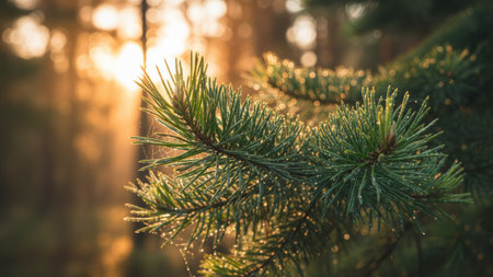 Pine branches with dew drops in the rays of the setting sunの素材