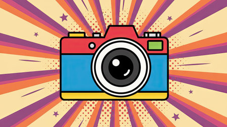 Retro camera in pop art style on colorful background. Vector illustrationの素材