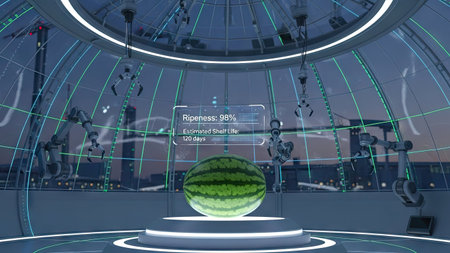 3d rendering of a futuristic background with a watermelon in the foregroundの素材