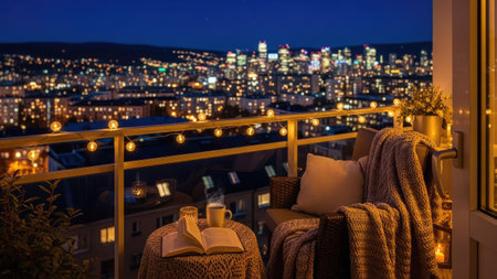 Hotel terrace with a view of the city at night.の素材